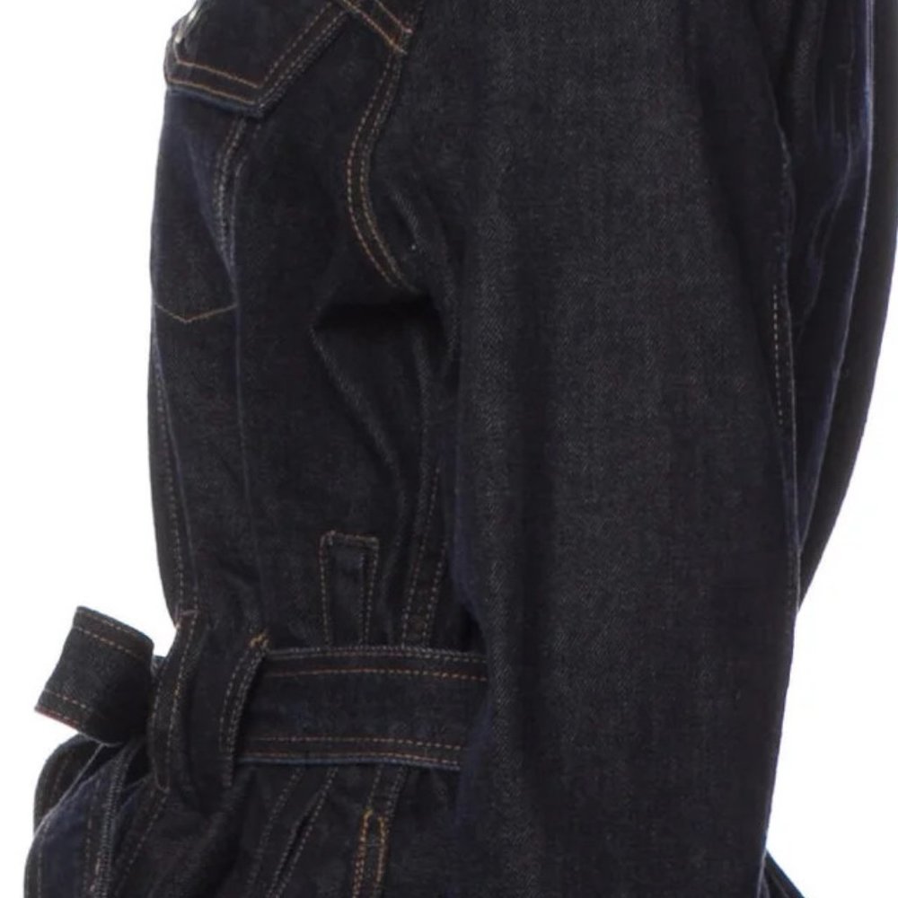 Trave Blue Pointed Collar Flap Pockets Button Closure Belted Denim Jacket Small - Picture 8 of 12